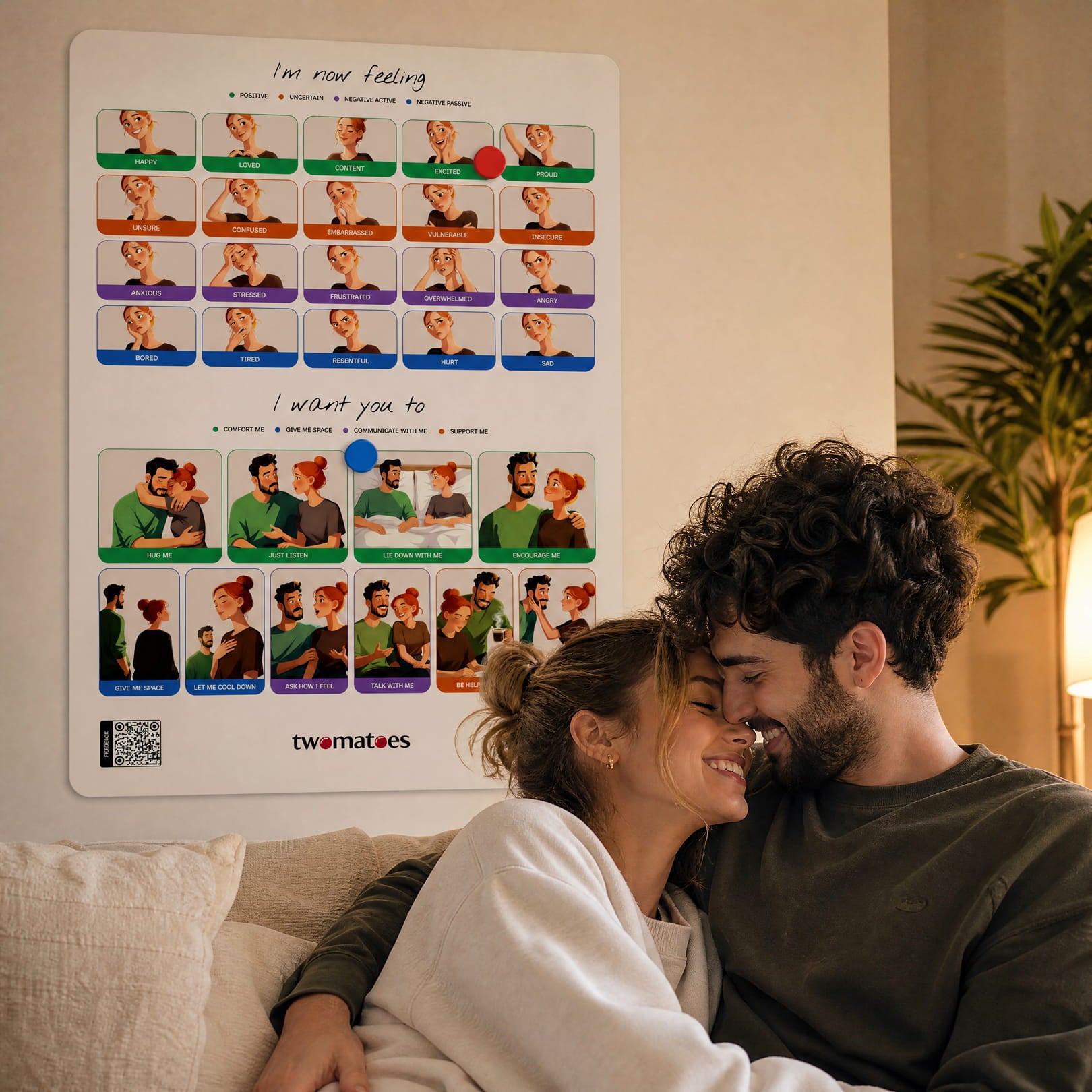 Couple talking together after using the Twomatoes Emotion Board
