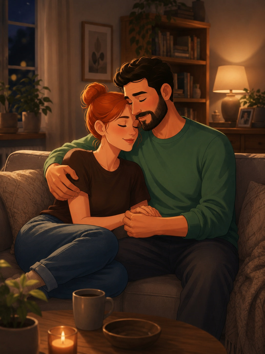 Woman resting on her partner’s shoulder after a difficult day