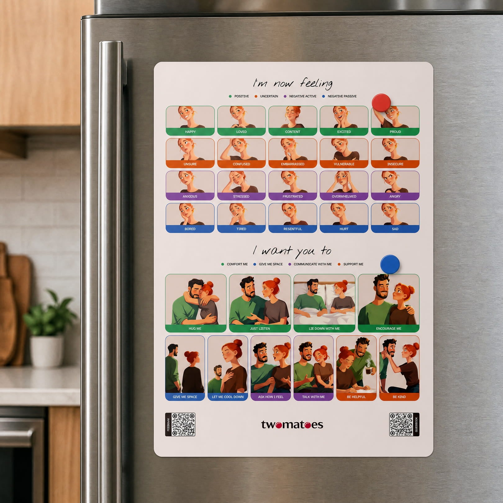 Twomatoes Emotion Board attached to a stainless steel refrigerator