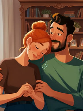 Illustration of a couple embracing in a cozy room with bookshelves and plants.