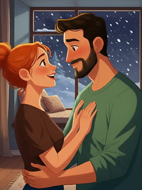 Illustration of a couple embracing indoors on a snowy night.