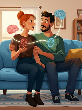 Couple sitting on a couch with glowing heart and brain icons connected between them.