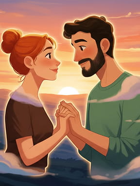 Man and woman holding hands and looking at each other with sunset in the background.