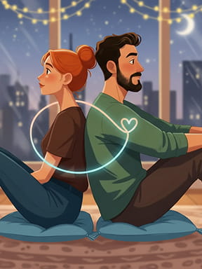 Couple sitting back to back on floor cushions with a glowing heart line connecting them.