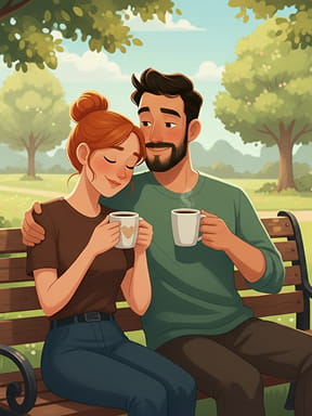 Couple sitting on a bench outdoors, holding coffee mugs and smiling.