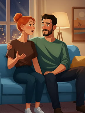 Couple sitting close on a blue couch and talking warmly at home.