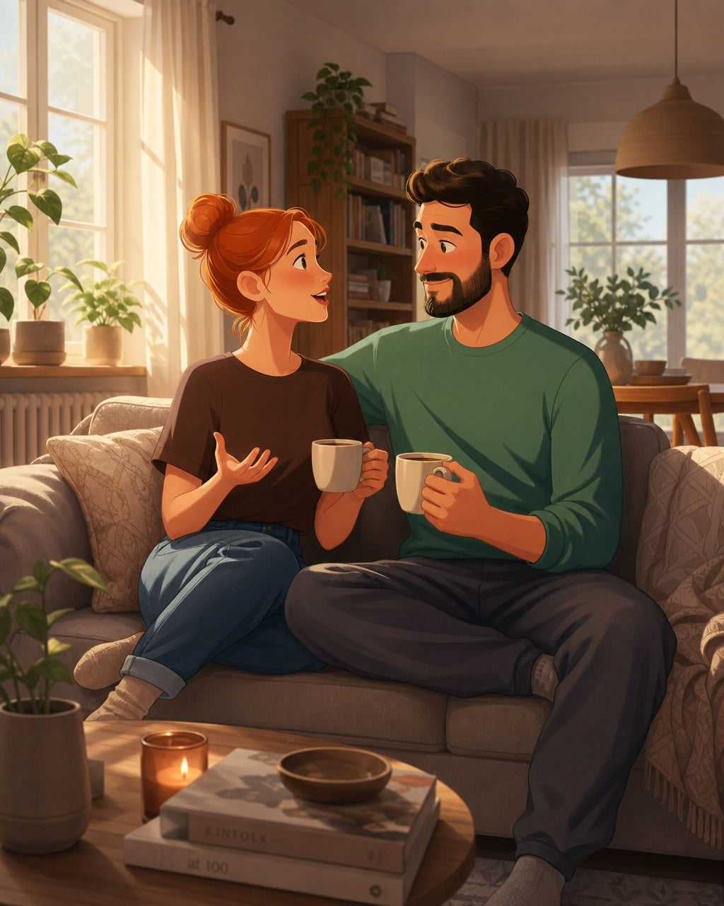 A couple sitting on a couch, holding mugs and talking in a cozy living room.