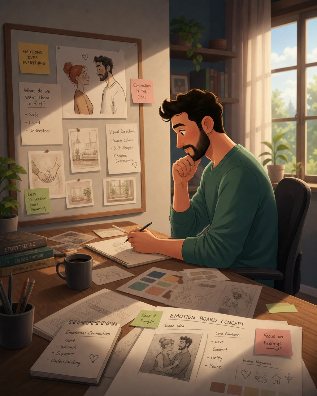 Man sketching an Emotion Board concept with notes about feelings and communication.
