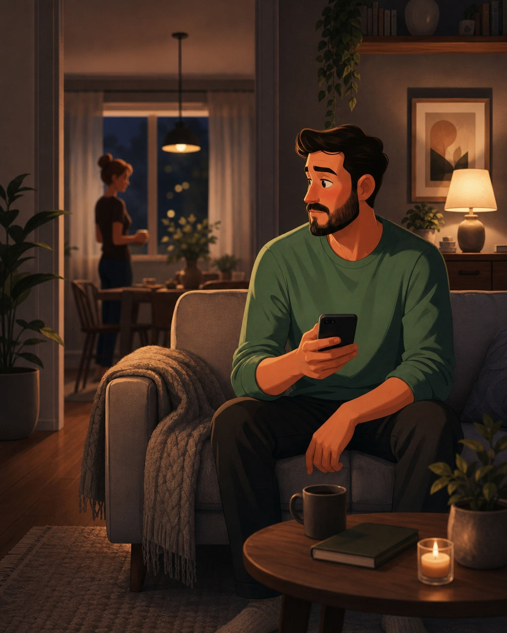 Man sitting on a couch holding a phone while a woman stands by a window.